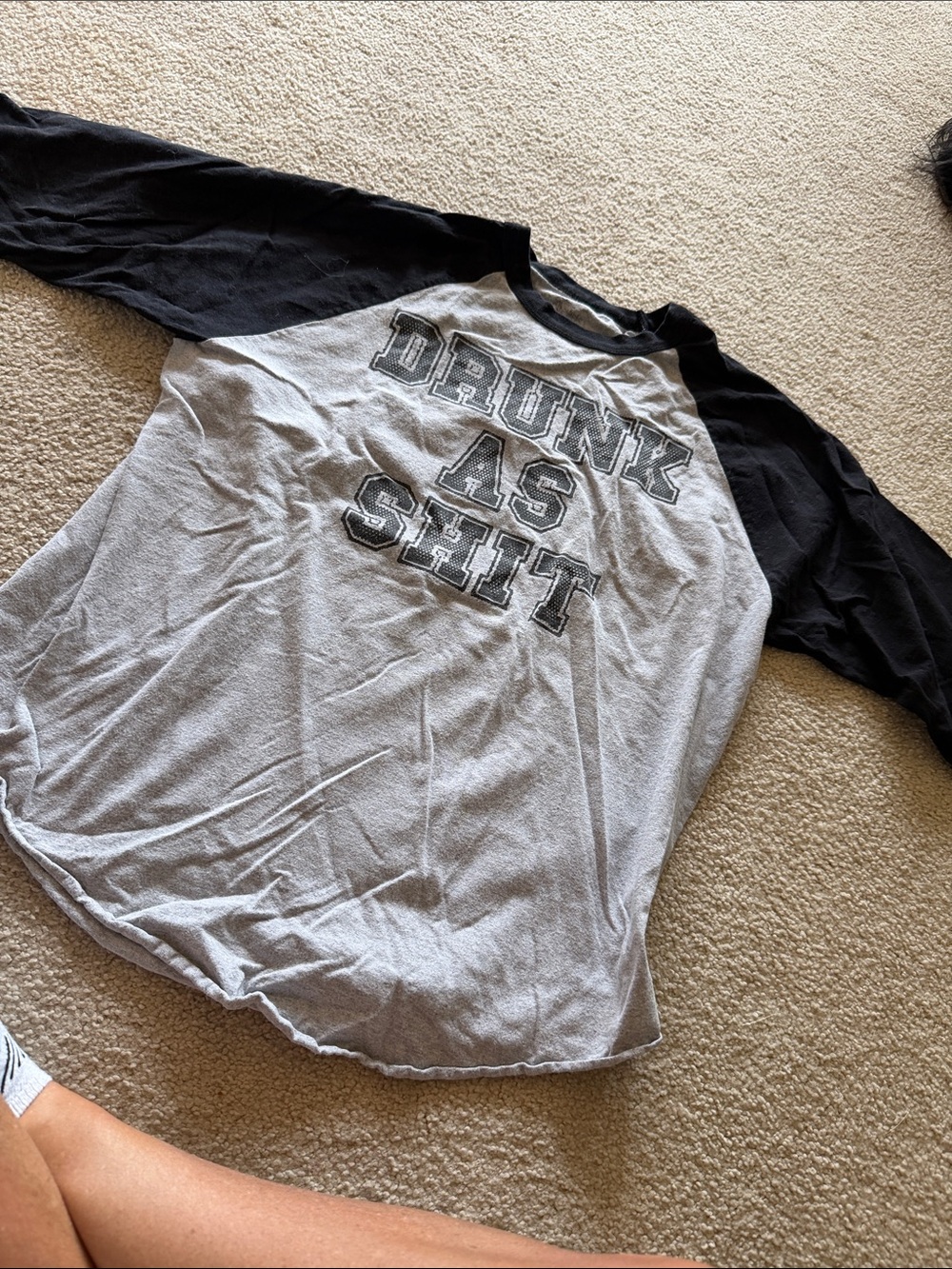 Spencer's Gray and Black Raglan Long Sleeve Tee with 'DRUNK AS SHIT' Graphic